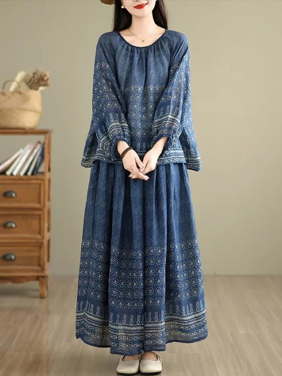 

Футболка Long Sve round Ne с модным принтом и юбка-миди с высокой талией, комплект из двух предметов, этнический свободный крой, удобная одежда...