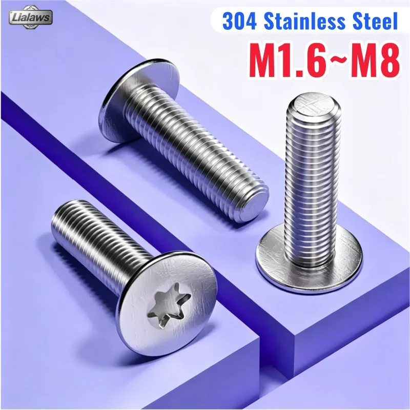 304 A2 Stainless Steel M1.6 M2 M2.5 M3 M4 M5 M6 M8 Six-Lobe Torx Ultra Thin Flat Wafer Head Screw Length 3mm~50mm