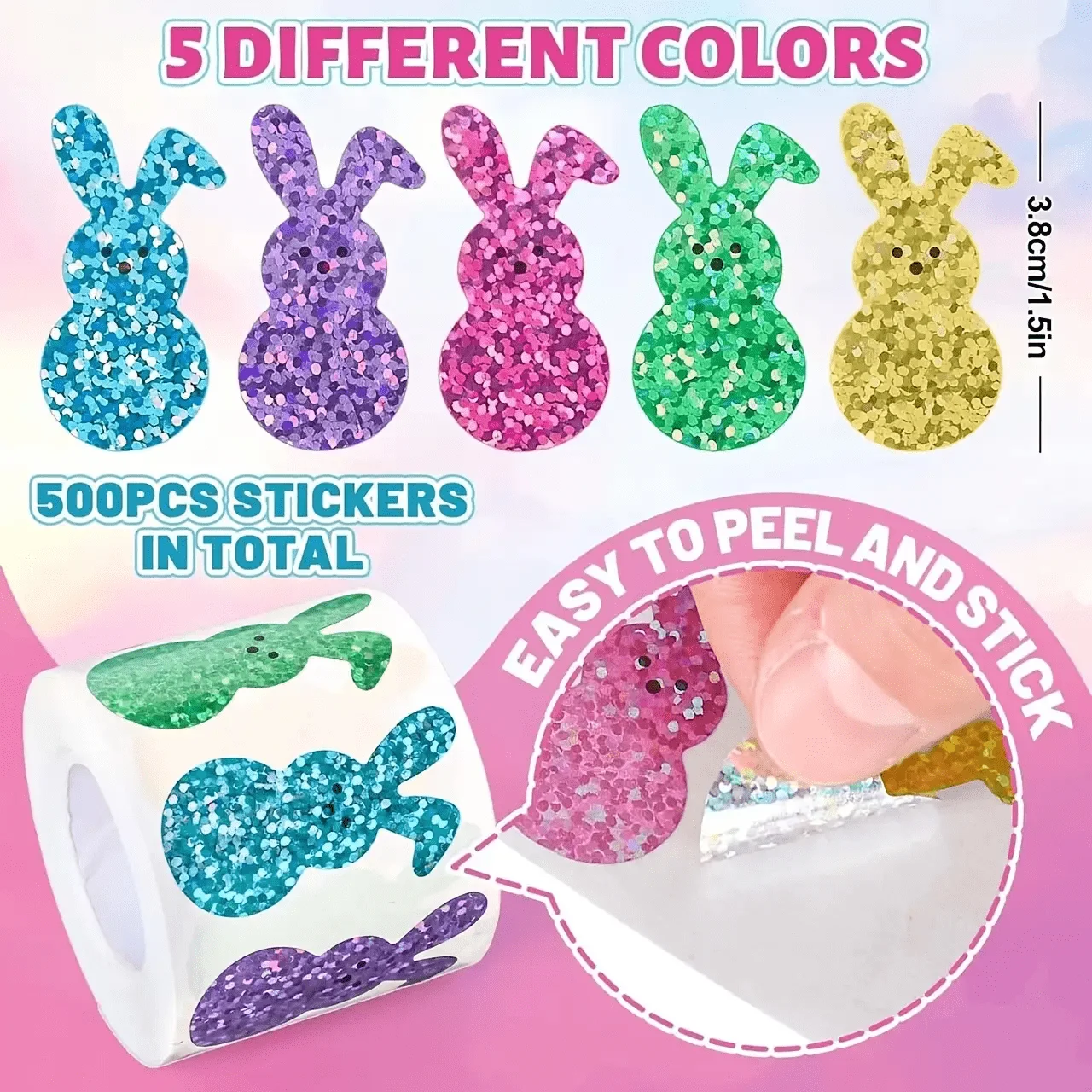 500pcs Per Roll Easter Bunny Stickers Spring Party Bag Labels Rainbow Sparkle Glitter Easter Rabbit Sticker Personalized Sticker