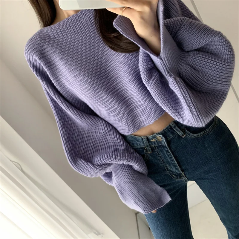 Spring Autumn Korean Contrast Color High Waist Short Knit Sweater Boat Neck Lantern Sleeve Ladies Pullover Tops Knitting Jumper