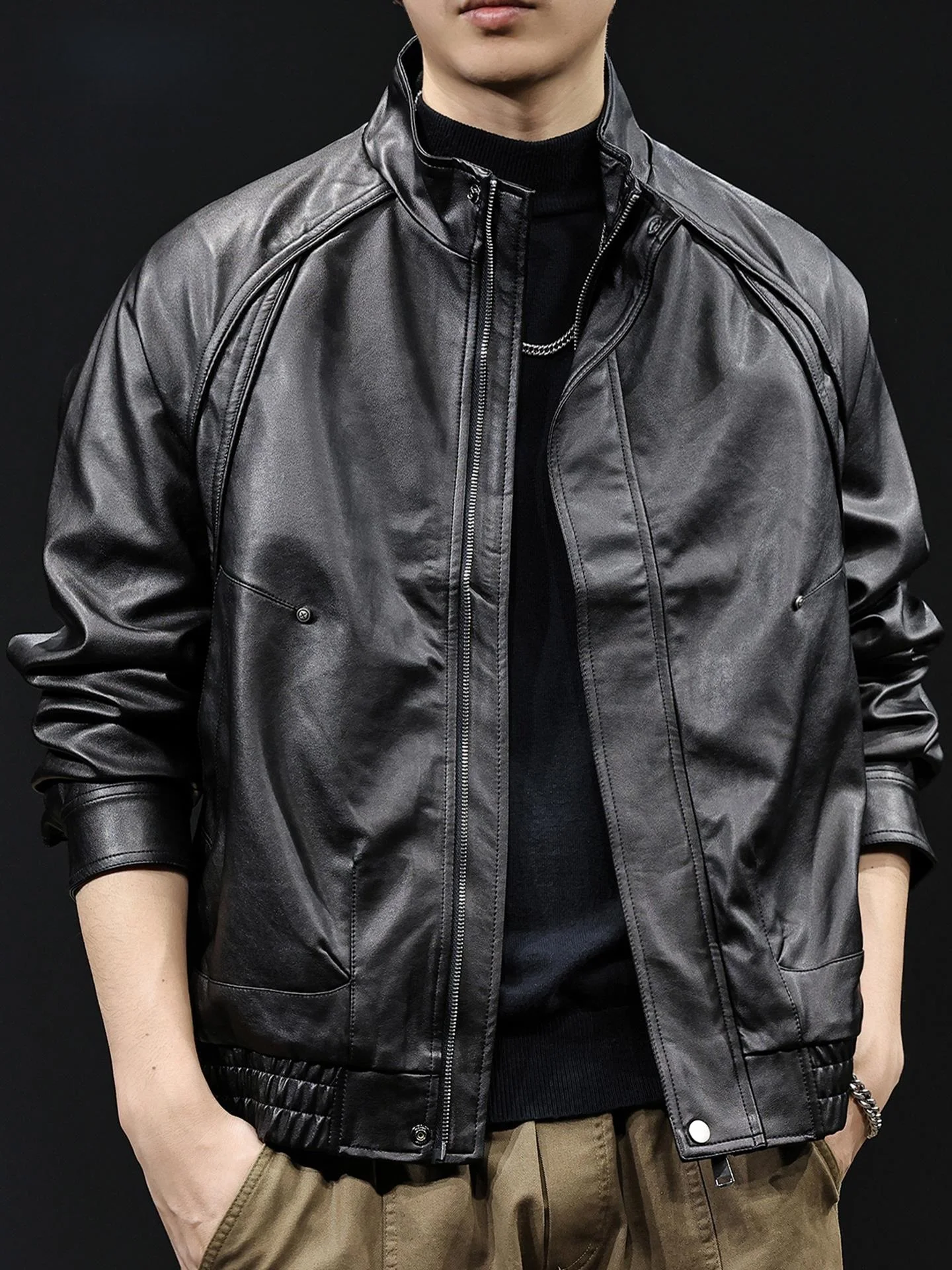 

2025 New Men's Stand Collar Leather Jaet Casual American Motorcycle Sle Large Size Autumn Winter Outerwear Faion Ci