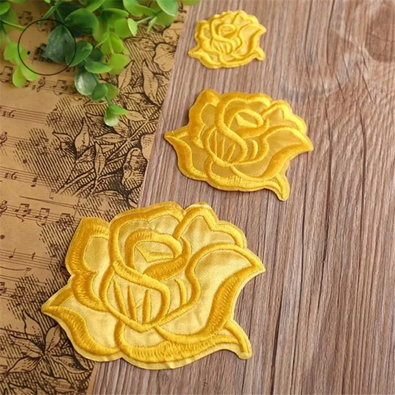 Small Size Rose Embroidery Iron On Patches Hotel Restaurant Tablecloth Bedding Sheet DIY Gold Flower Bag Stickers On Clothes