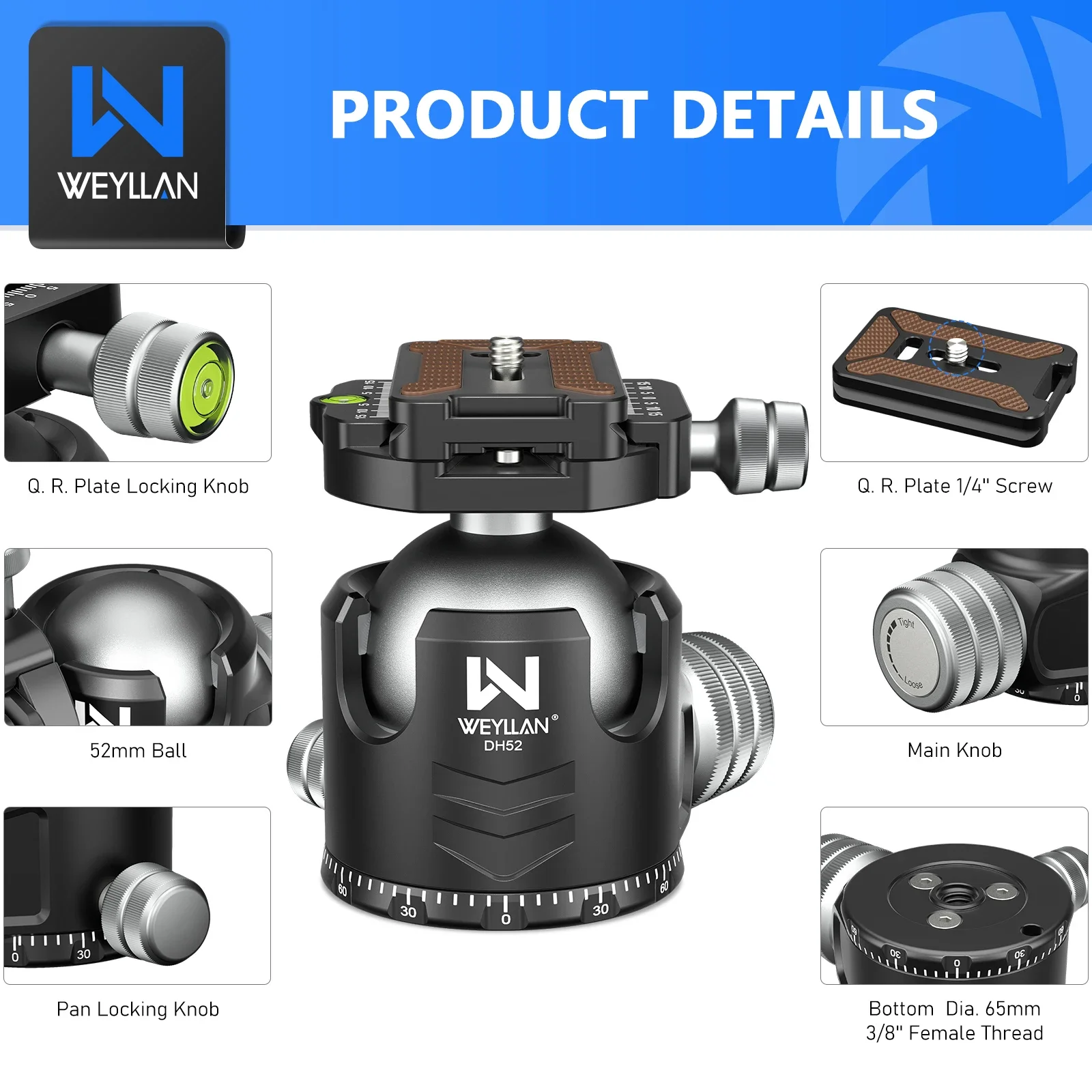 WEYLLAN DH52/44 Tripod Ball Head Heavy Duty Ballhead Camera Tripod Monopod Ball Head Mount Head with Two 1/4 Quick Release Plate