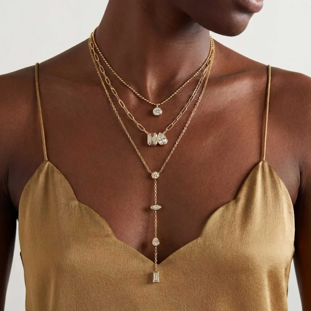 Gold Plated Layered Zircon Necklace Set, Multi-Shape CZ Pendant Paperclip & Ball Chain Stackable Minimalist Elegant DailyJewelry