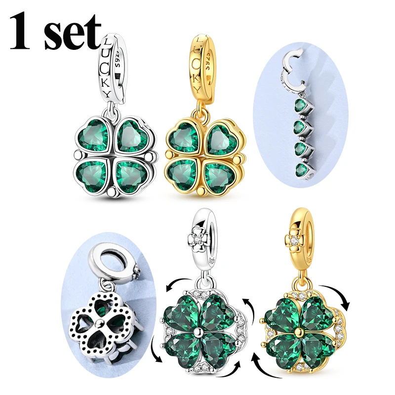 925 Sterling Silver Charms Beads Pendan Rotating Four-Leaf Clover Magnetic Lucky Wishing Set Charm Fit Original Bracelet Jewelry