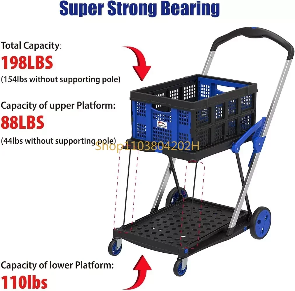 Grocery Shopping Cart with 2 Storage Crates Multi Use Functional Collapsible Carts Blue