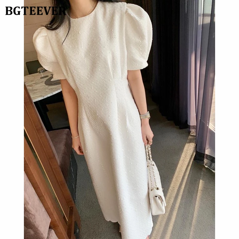 BGTEEVER Fashion Straight Long Dress Women Elegant O-neck Puff Sleeve Women Dress Summer Ladies Vestidos