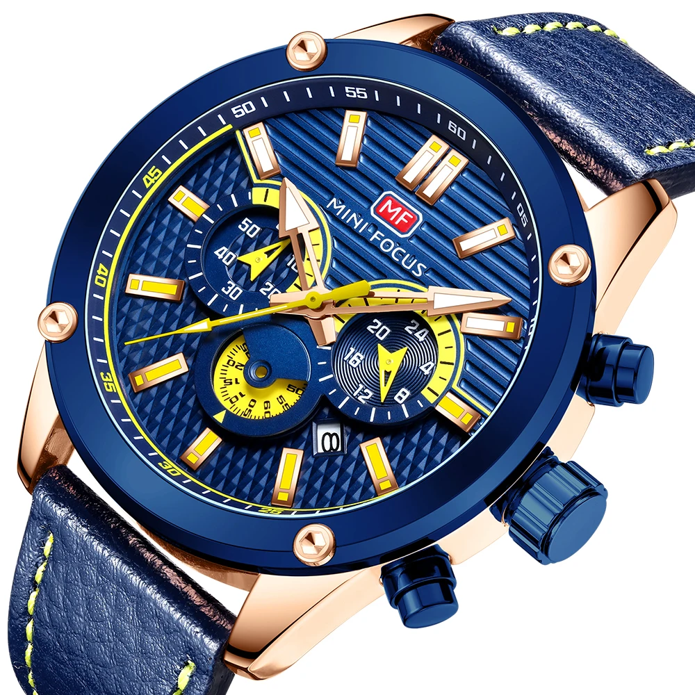 الراقية MINI FOCUS MF0288G ساعات المعصم الفاخرة حزام من الجلد مقاوم للماء التقويم الرجال ساعة كوارتز عادية