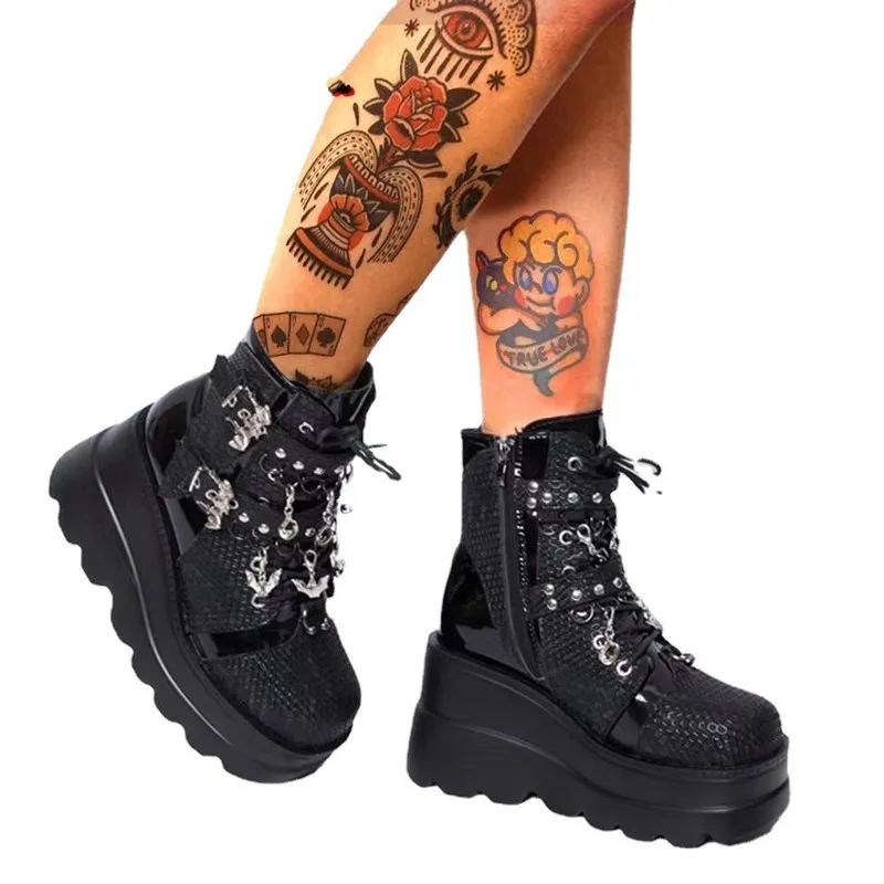Punk Rock Cut Out Chunky Platform Boots Ladies Metal Studded Chain Strap Goth Fashion Footwear Free Shipping