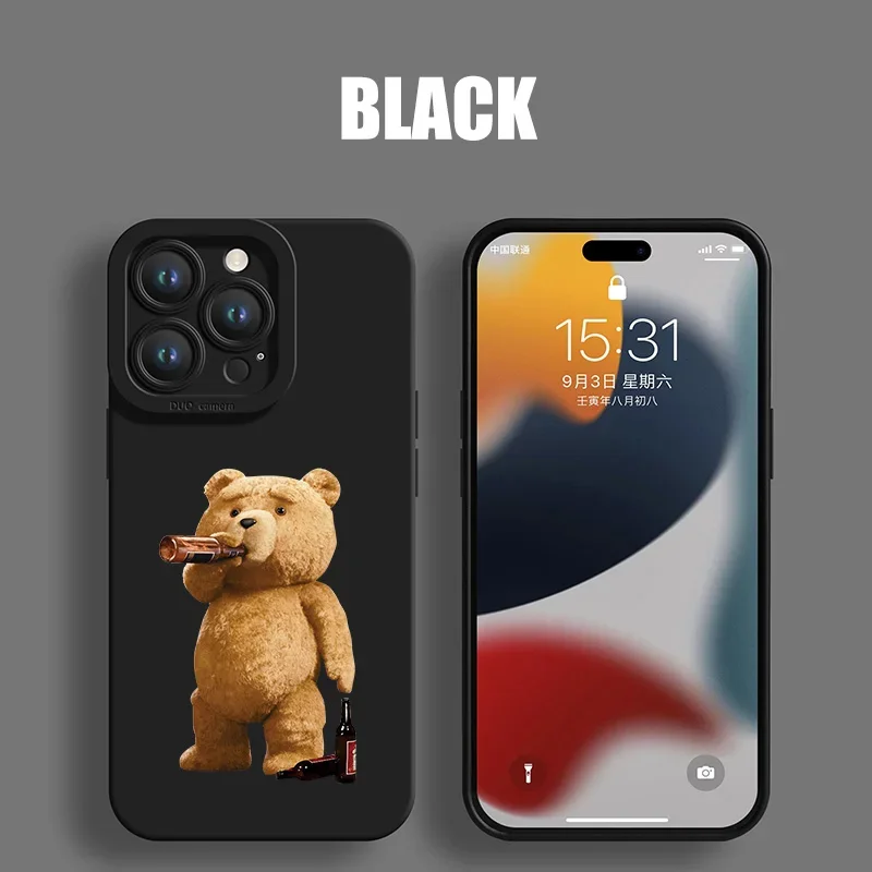 Highend Black Cartoon Bear Phone Case For iPhone 15 14 13 12 11 Pro Max X XS Max XR Mini 8 7 14 15Plus Matte Soft Silicone Cover