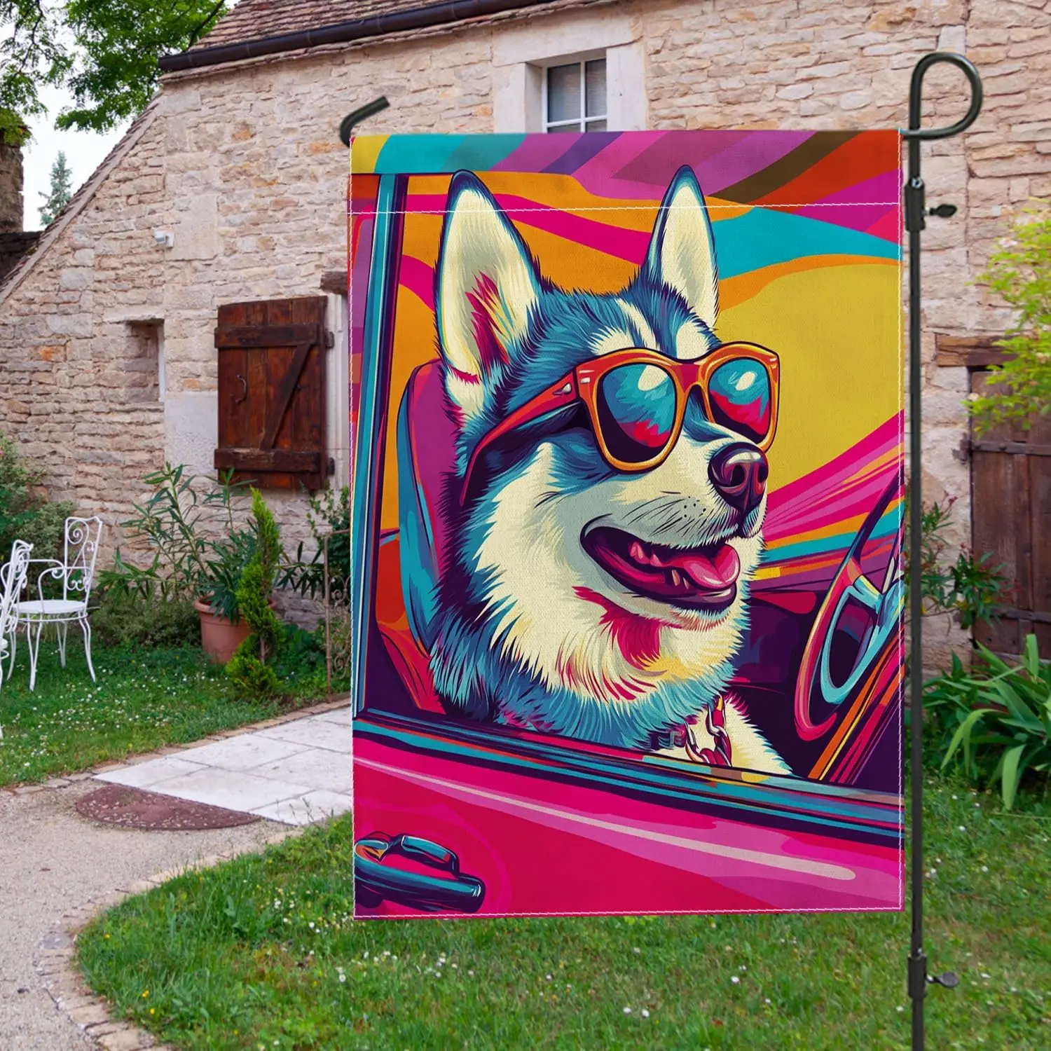 Fun Husky Dog Garden Flags 12x18 Inch Double Sided for Outside, Pop Art Chien Standard Vertical Canvas House Flags, Puppy Fr uui