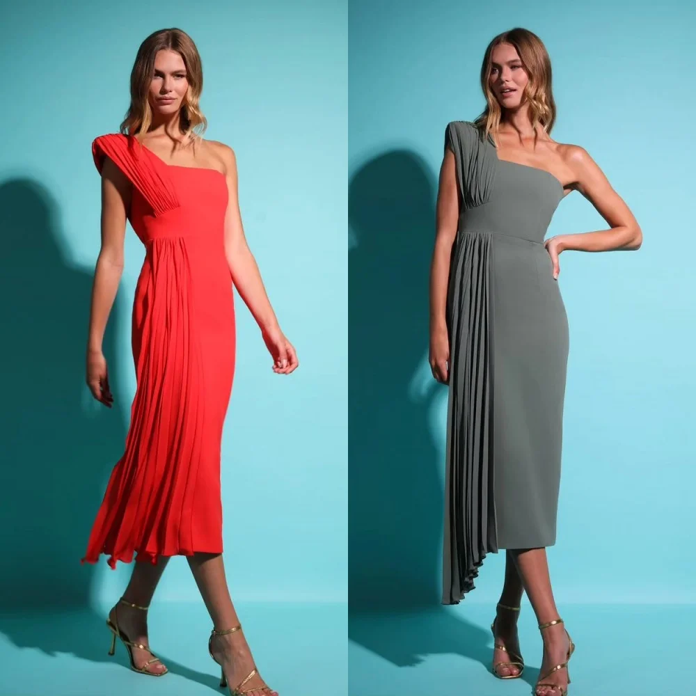 Jersey Draped Pleat Graduation A-line One-shoulder Bespoke Occasion Gown Midi Dresses