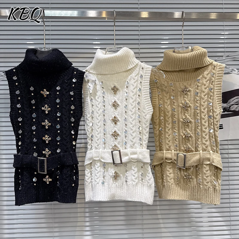

KBQ однотонный вязаный жилет со сращенными бриллиантами для женщин, темпераментный тонкий жилет без рукавов с высоким воротом, женский модный стиль, новинка зимы