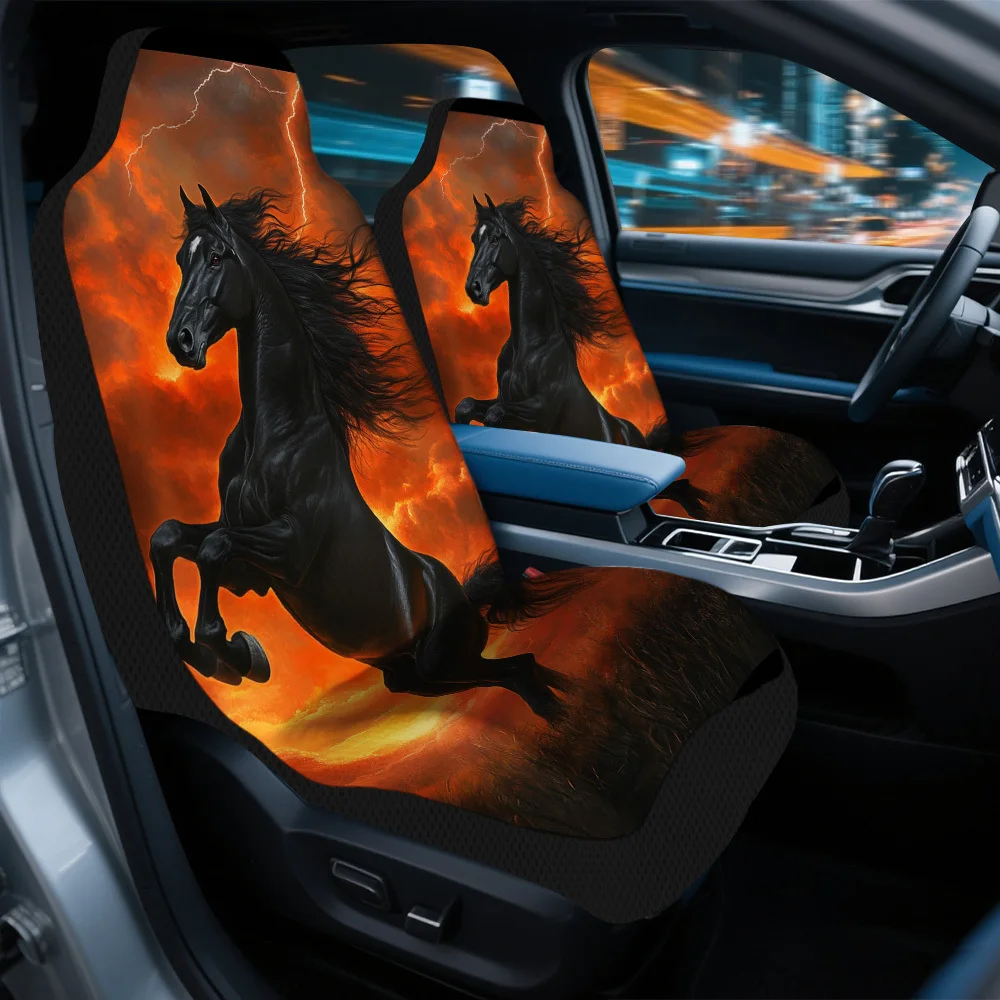 2pcs Horror Fantasy Fiery Stallion Print Car Seat Covers – Front Seat Protectors For Cars, SUVs & Sedans, Enhance Driving Exper