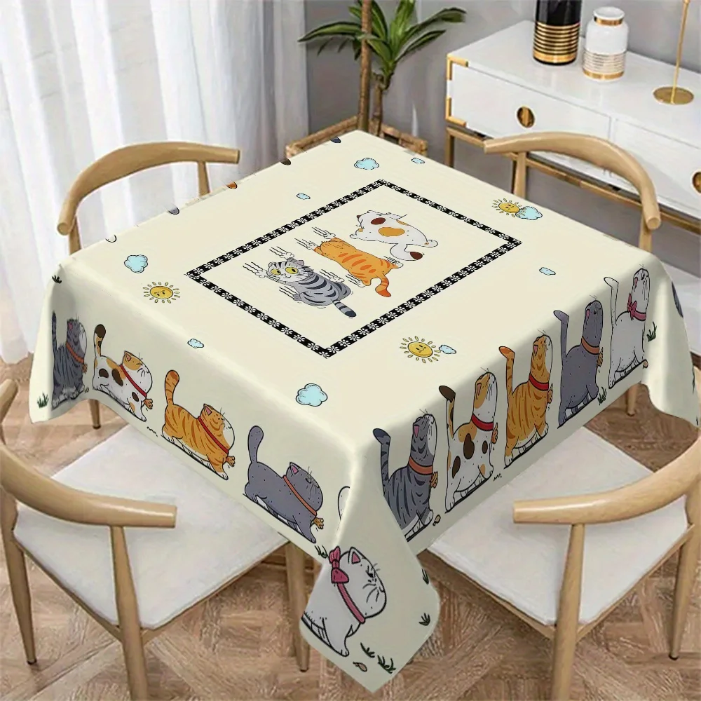 Whimsical Cartoon Animal Print Table Cloth Polyester Dining Table Cover Runner for Kitchen Picnic Decor Cute Pet Cat Dog Style