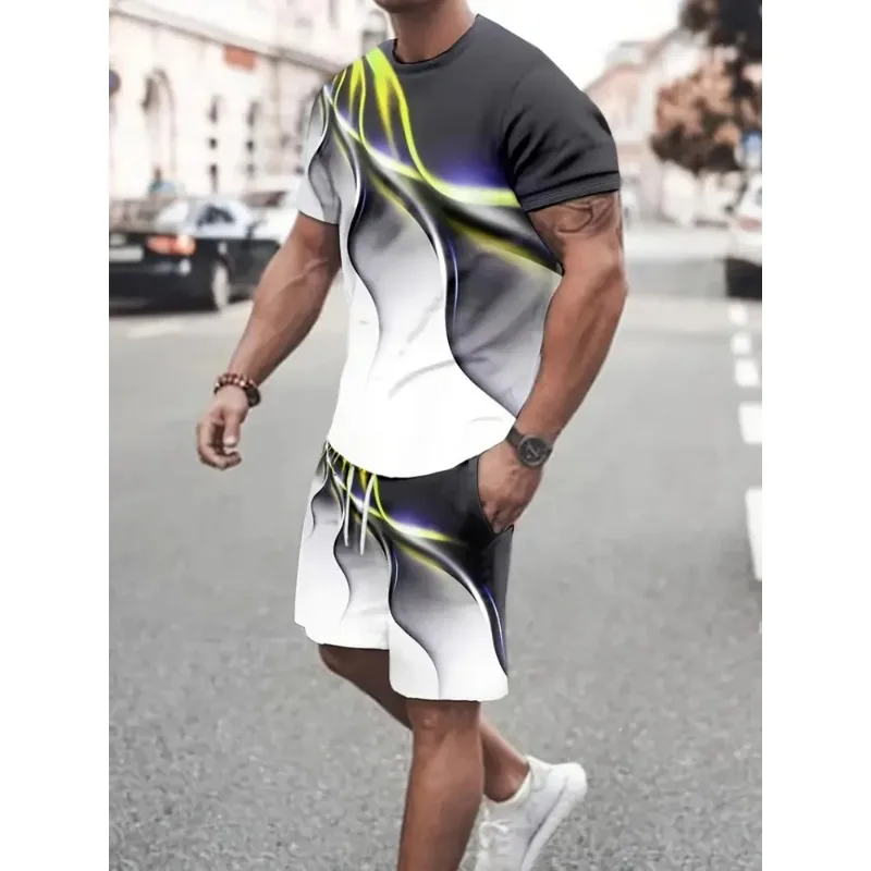 

2025 Summer Beach Vacation Casual Short Sleeve Shorts 2-piece Summer Trendy Casual Men's Set Creative 3D Printing