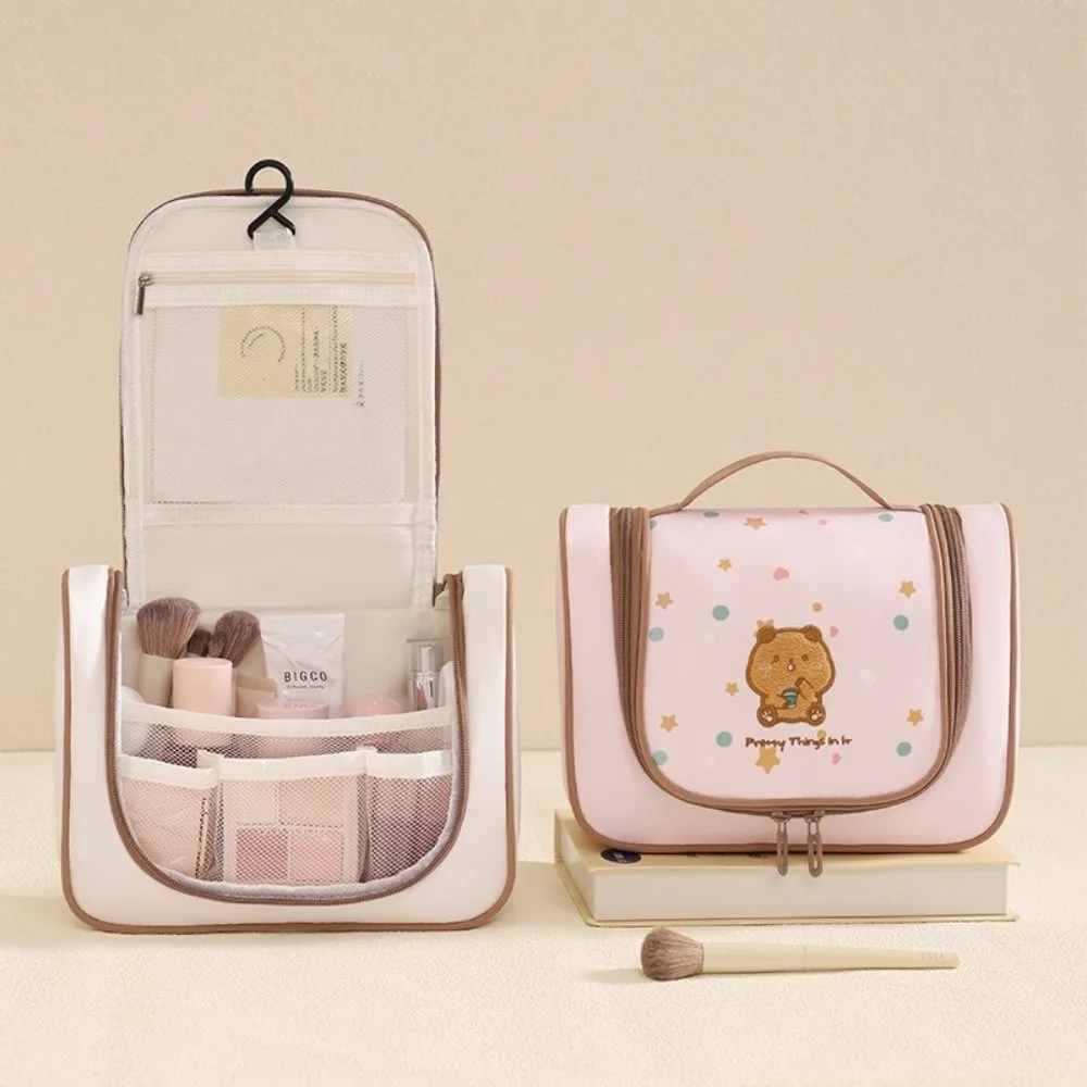 Cartoon Embroidery Cosmetic Bag Hanging Large Capacity Travel Toiletry Bag with Separate Compartments Portable Makeup Organizer
