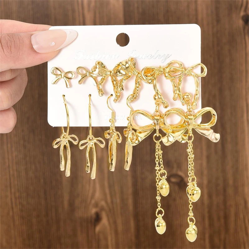 

6pairs/Set Gold Color Bowknot Dangle Earrings Set for Women Heart Hook Trend Earring Wedding Banquet Party Jewelry Gift