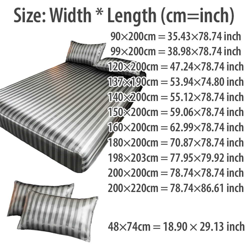 Luxury Satin Striped Fitted Sheet with Elastic Band Bed Sheet Pillowcases Silky Soft Breathable Bed Cover Twin/Full/Queen/King