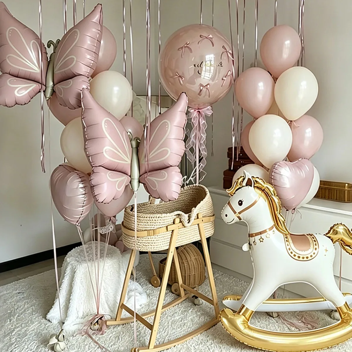 1 Set Rosa Trojanisches Pferd Ballon Schmetterling Schüttelpferd Folienballon Rosa Herzballon für Geburtstagsfeier, Babyparty, Dekoration, Geschenke – Detail 2