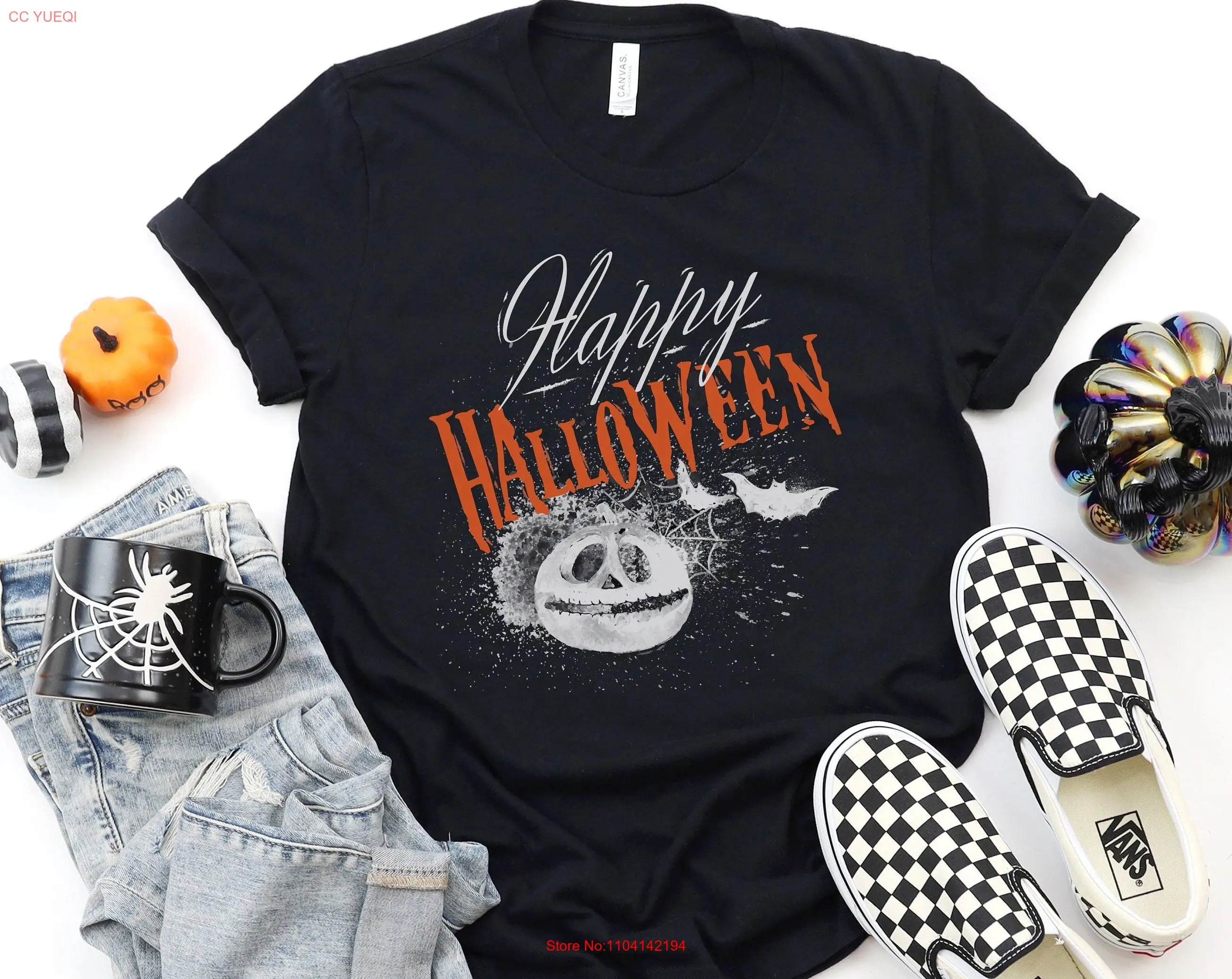 Happy Halloween T shirt Pumpkin and Bat Spooky  long or short sleeves