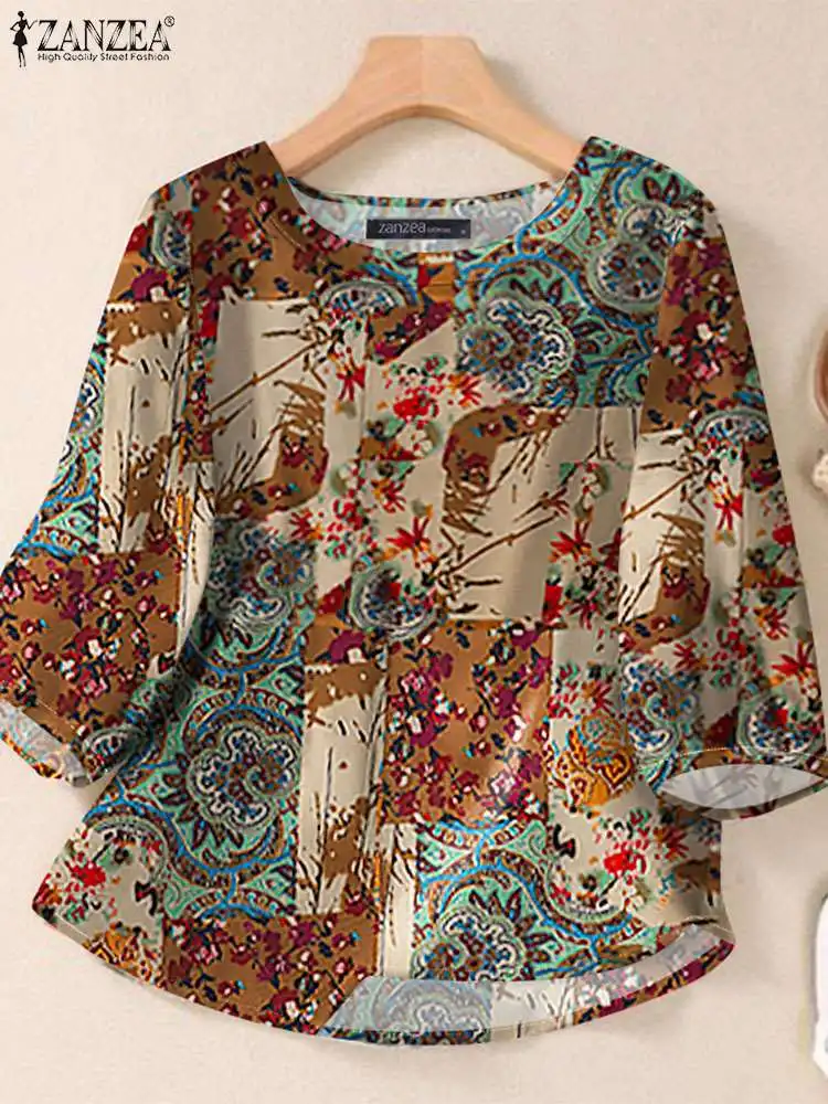 ZANZEA Autumn Vintage Floral Printed Blouse Women O Neck 3/4 Sleeve Cotton Tops Fashion Casual Loose Shirt Bohemian Blusas Mujer