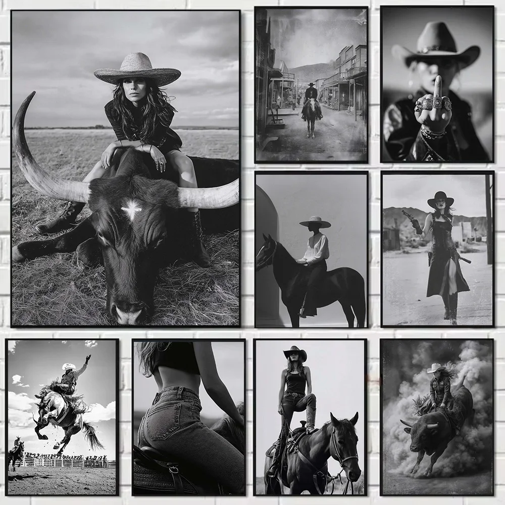 (2D Canvas painting) Cowgirl Western Wall Art Longhorn Wall Art Western Decor Badass Woman Monochrome Ranch Canvas Painting H