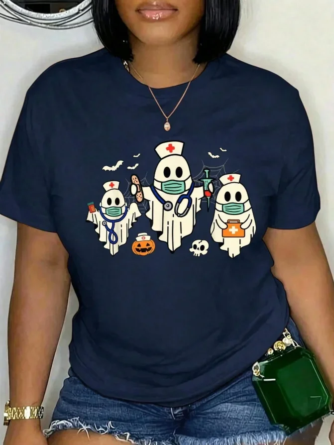Women Funny Nurse Halloween Graphic Tee Cute Masked Ghost Medical Crew Print Crew Neck Short Sleeve Oversized Casual Navy T Shirt