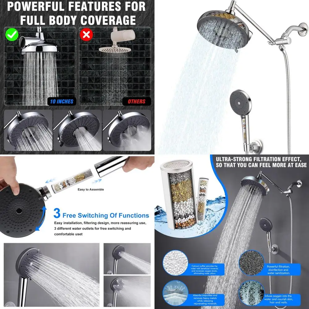 Combo de cabezal de ducha de alta presión cromado de 8 vías con 10 brazos de extensión y rociador de mano, filtro de agua dura incluido