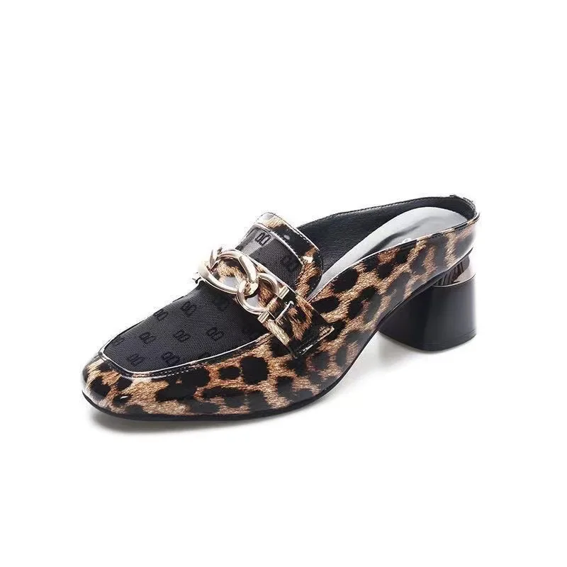 Slingback Leopard Print Cadeia Sapatos para Mulheres, Mulas de Renda, Malha, Bombas Sexy, Chinelos, Designer de Slides, Outono