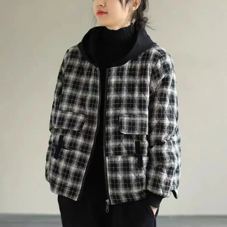 

Женское хлопковое пальто с капюшоном на осень-зиму Thiened ort Sle в клетку, художественное свободное пальто большого размера на молнии, длинное...