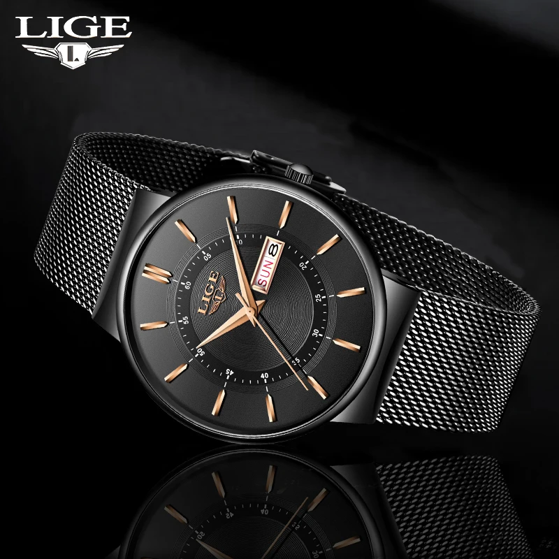 

LIGE Top Brand Luxury Men's Watches Waterproof Fashion Ultra Thin Mesh Belt Quartz Watch for Men Casual Sports Chronograph Clock