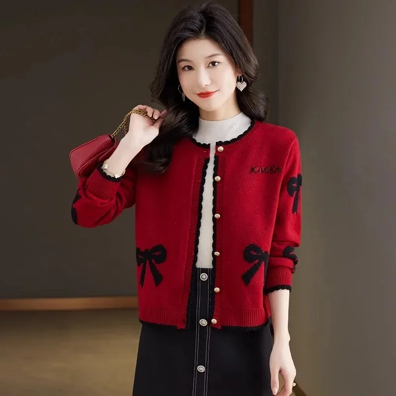 2025 Spring Autumn New Red Knitted Coat Women\'s Cardigan Short Small Shawl Loose Round Neck Knit Cardigan Sweater Women\'s Coat