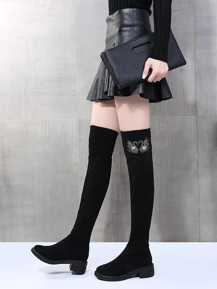 

Autumn Winter Women's Stretch Over The Knee Boots Black Velvet Leather Rhinestone Slimming Versatile Fleece Lined High Boots