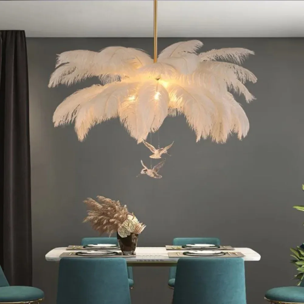 Nordic Ostrich Feather Pendant Lamp, Lâmpada de pena branca para sala de estar, Decoração do quarto das crianças, Iluminação interior