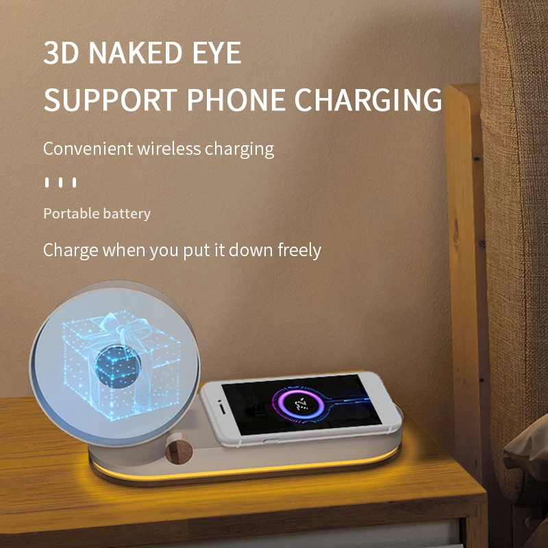 Naked Eye 3D Holographic Projection Night Lights Wireless Charging 10W 42LED Projection Advertising Machine With Touch Sensor