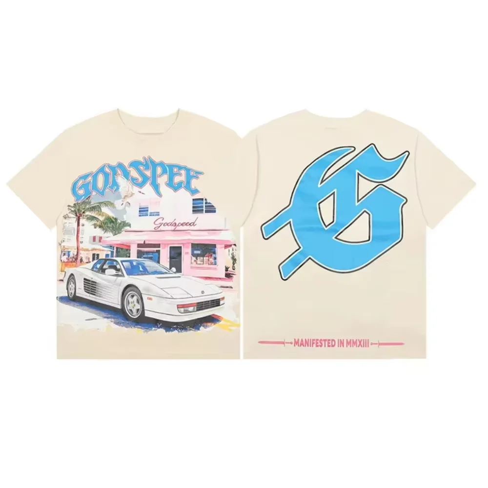 2026 Vintage Supercar Miami Street Print T-shirt Men, Oversized Front Back Graphic West Coast Car Culture Short Sleeve Tee