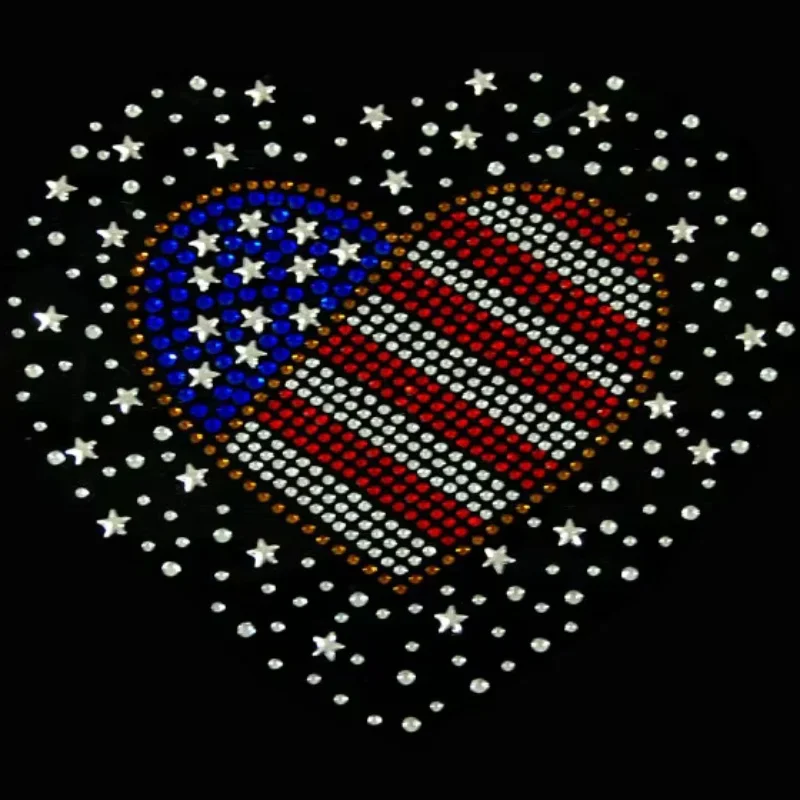 

American Flag Heart star Iron On Hotfix Rhiestone Transfer Applique hot fix rhinestone iron on crystal transfers design