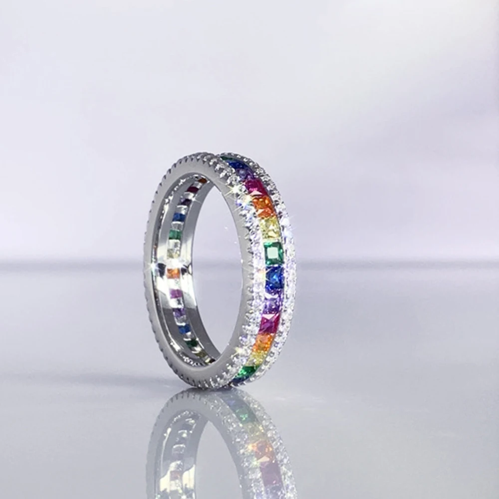 WPB S925 Sterling Silver Rings Rainbow Ring Color Women Luxury Jewelry Personalized Bright Zircon Design Girl Gift Party