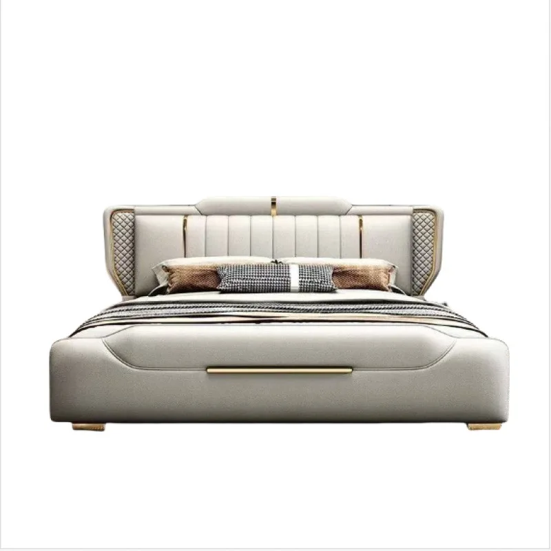 Leather bed modern master bedroom double bed minimalist style