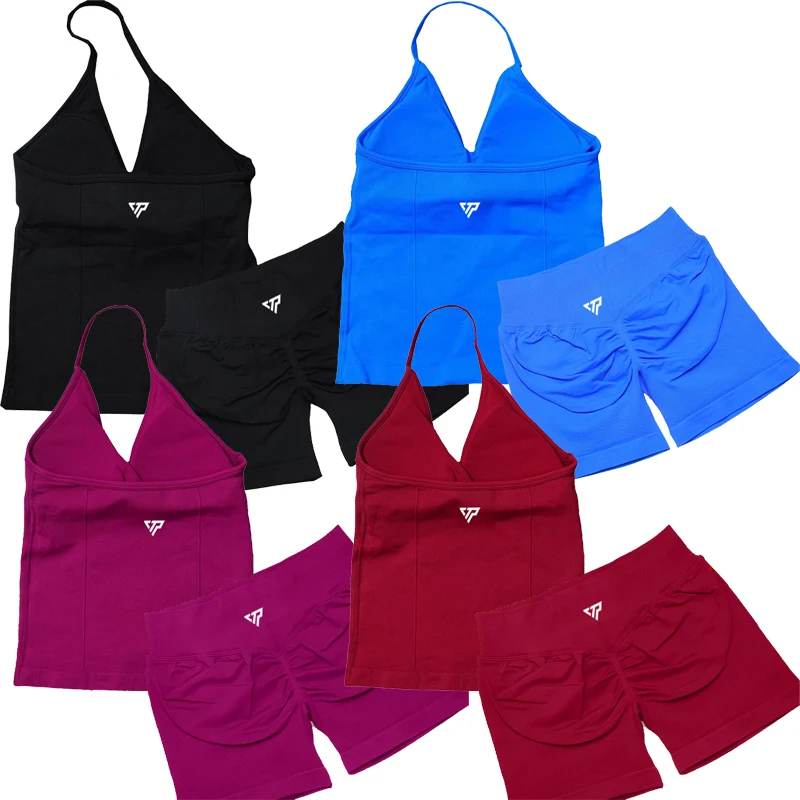 Keep That Pump 2 Piece Sets Shorts Top Womens Outfits Yoga Sets Gym Sets High Quality Seamless Lace-Up Bra Scratch Sports Sets - Image 4
