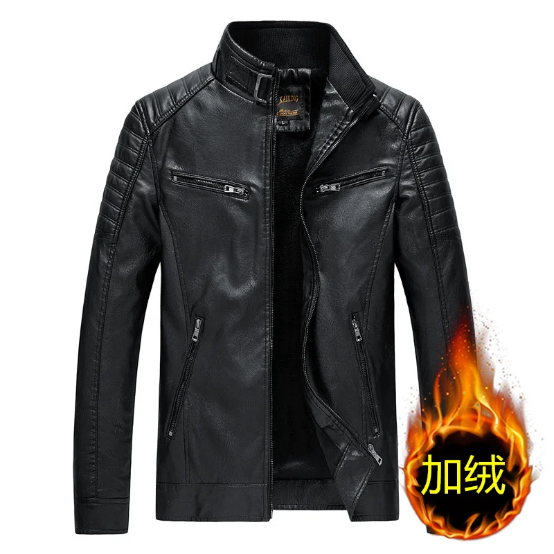 

Mens Fleece Fashion Leather Jacket Men Slim Fit Stand Collar PU Jacket Male Anti-wind Motorcycle Lapel Diagonal Zipper Jacket