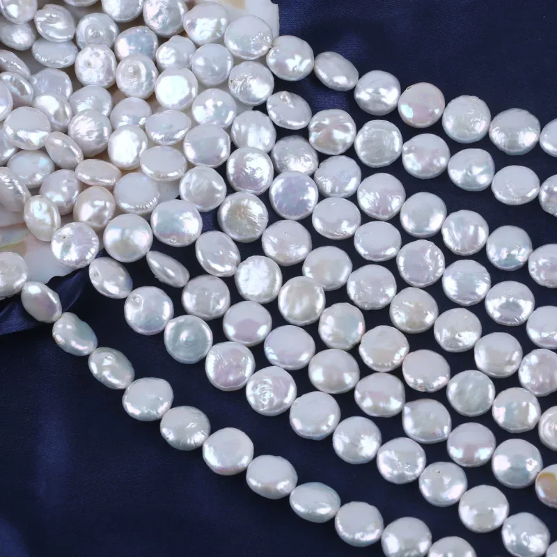 13-14mm White Coin Shape Cultured Freshwater Pearl flat pearl Strands for Jewelry Making