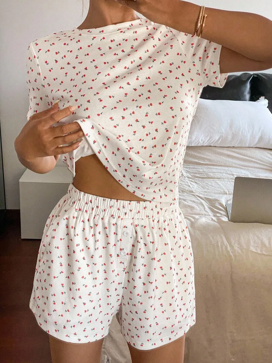 

2pcs Ditsy Floral Short Sleeve Pajama Set For Women Sleepwear