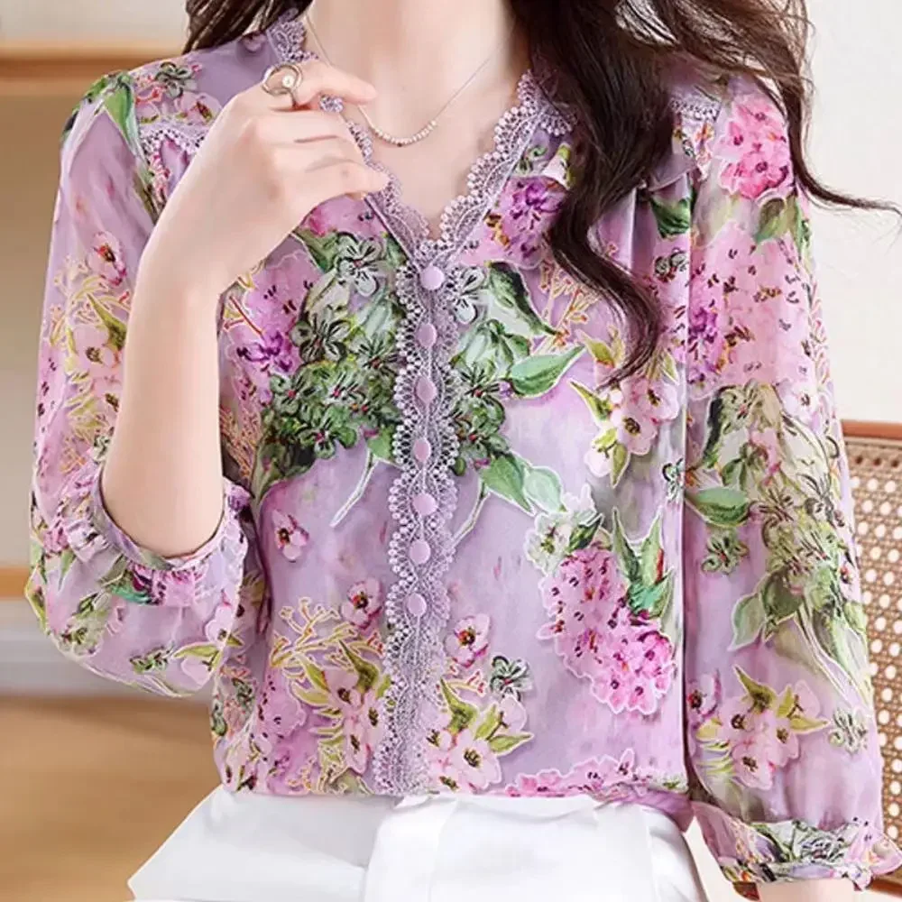 3/4 Sleeved Chiffon Single Breasted Blouses Shirts for Women Floral  Autumn 2023 New Fashion Lace Patchwork V Neck Top