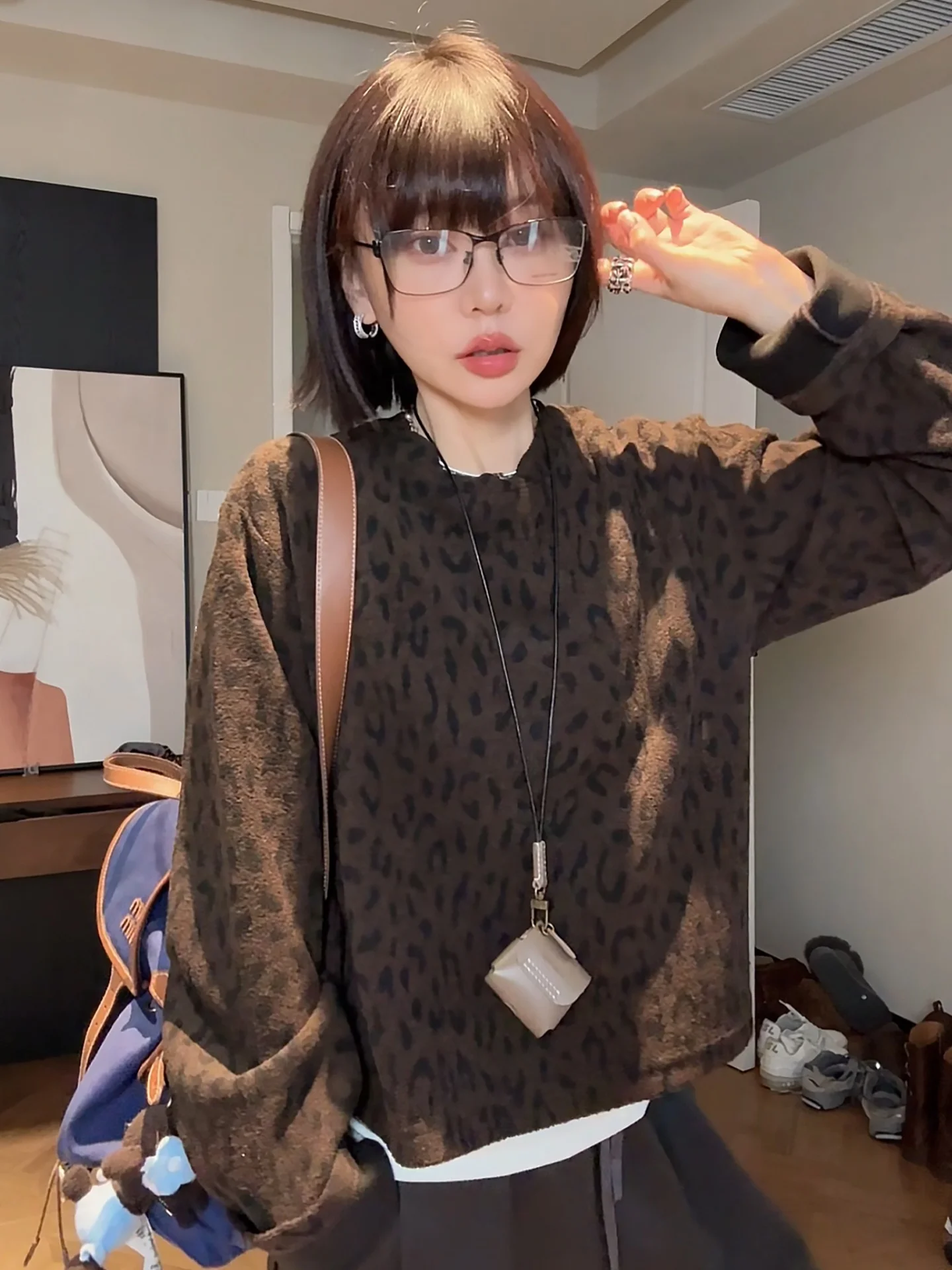 الشتاء Thiened ليوبارد طباعة تريكو فضفاض عادية طويلة Sve المرأة الأعلى Faionable تخفيف Sle جولة Ne سترة #3