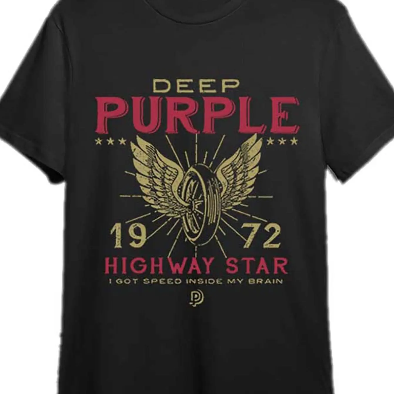 تي شيرت رجالي من Deep Purple 1972 Highway Star Tour بنمط ريترو - شريط ريترو ذهبي مع شعار أجنحة حمراء #1