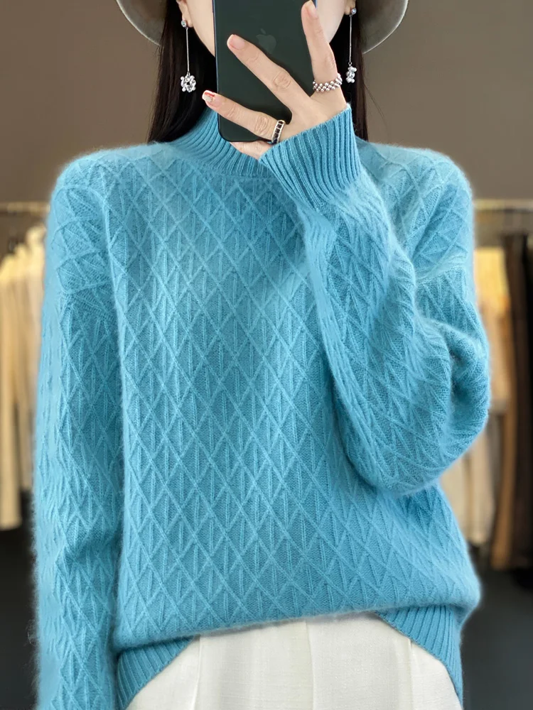 Women 100% Merino Wool Sweater Autumn Winter Mock Neck Diamond Grid Pullover Thickening Clothing Cashmere Knitwear Female Tops