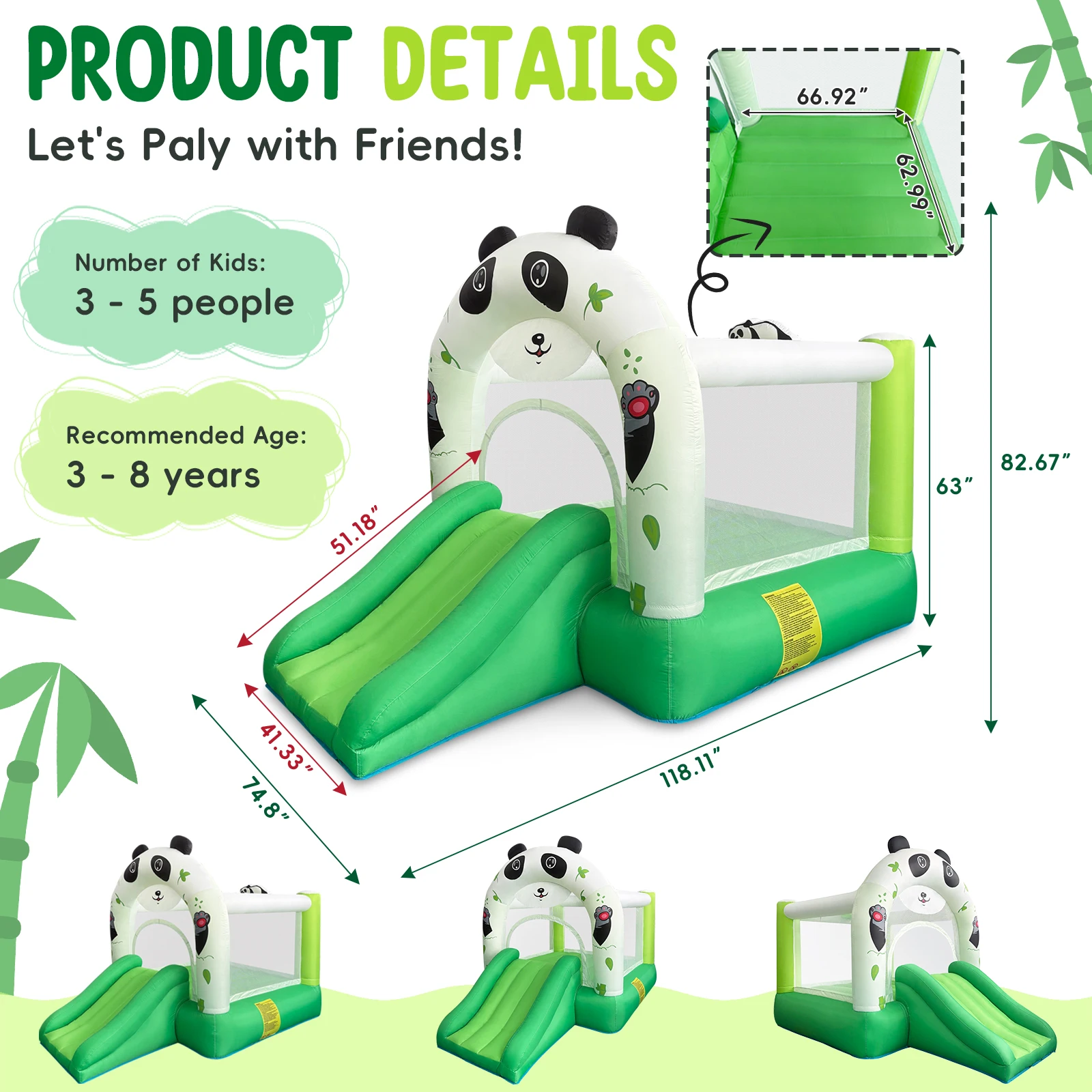 YARD Panda Bounce House Aufblasbare Mini-Türsteherrutsche Hüpfburg im Freien und drinnen mit Gebläse