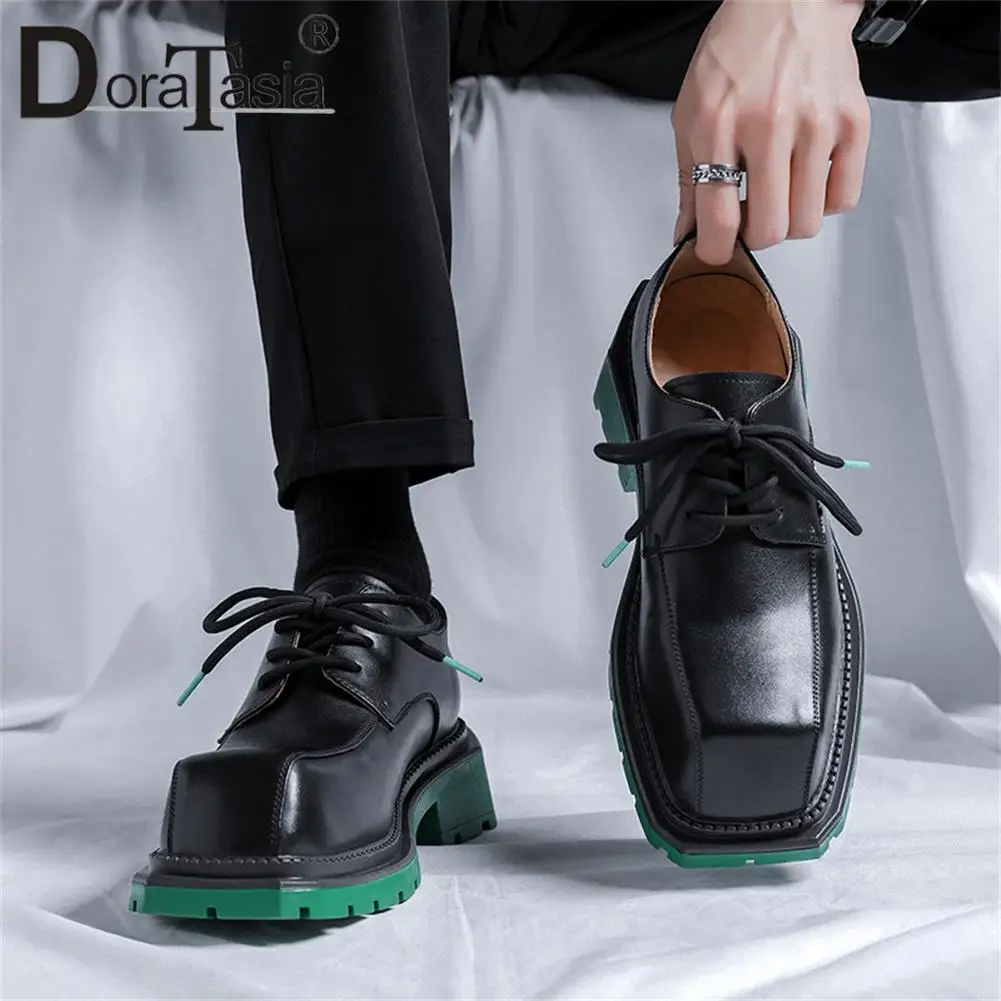 Brand Design men's Formal Dress Shoes Fashion Square Toe Lace-up Chunky Heels Casual Business Shoes Office Wedding Retro Male